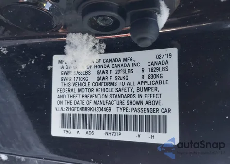 2019 Honda Civic Sport from USA, damaged, VIN 2HGFC4B89KH304469